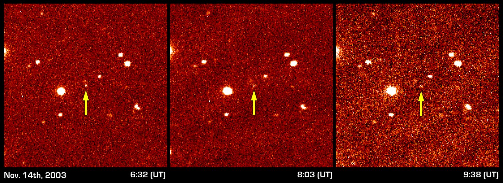 Tres paneles con el mismo campo de estrellas en falso color rojo; en cada uno, una flecha amarilla señala un punto de luz diminuto que se corre de sitio.