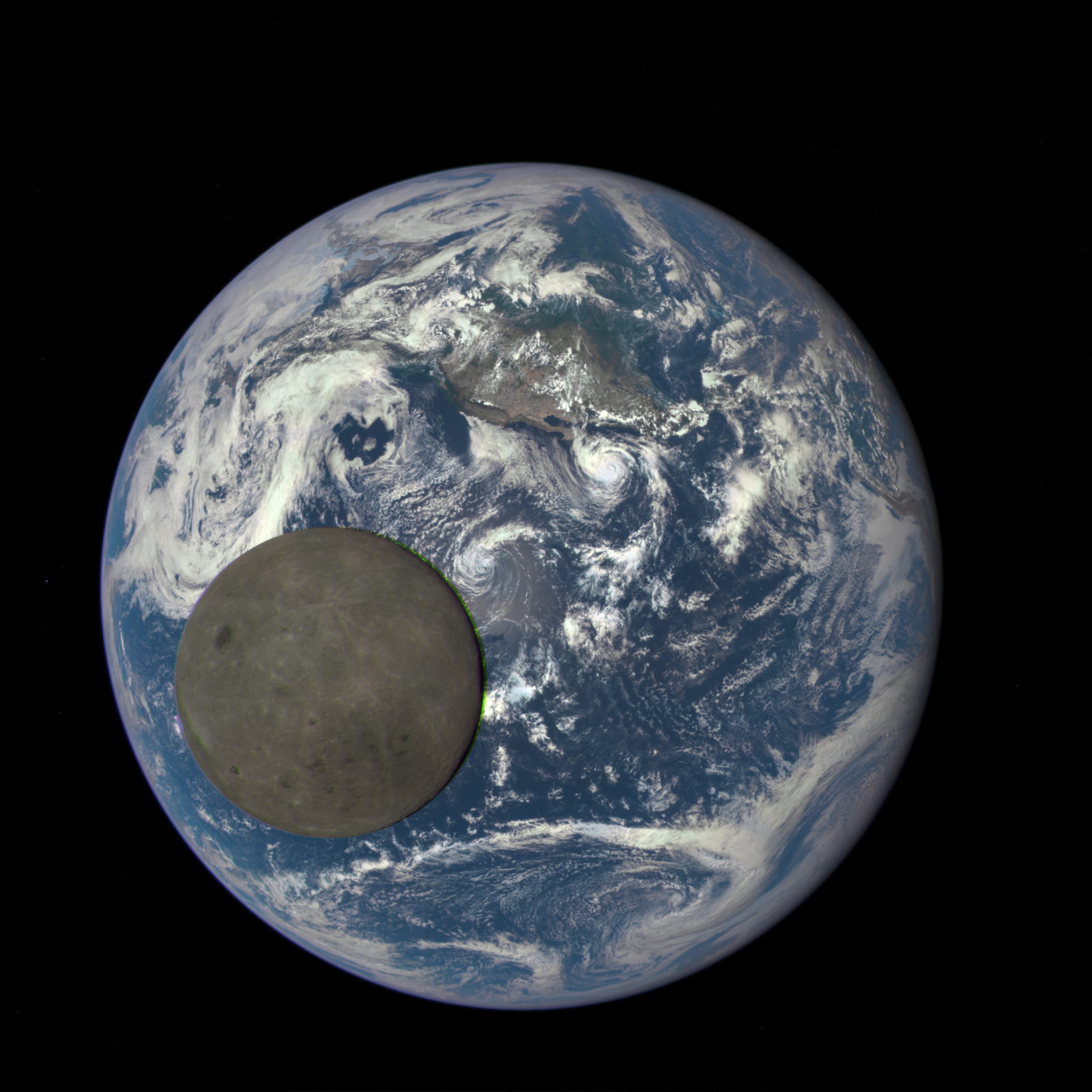 La Tierra completa, con el océano Pacífico iluminado en el centro, y delante de ella el disco gris de la Luna mostrando su cara oculta.